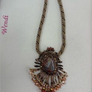 Brown Beaded Necklace with real agate focal .beaded accents